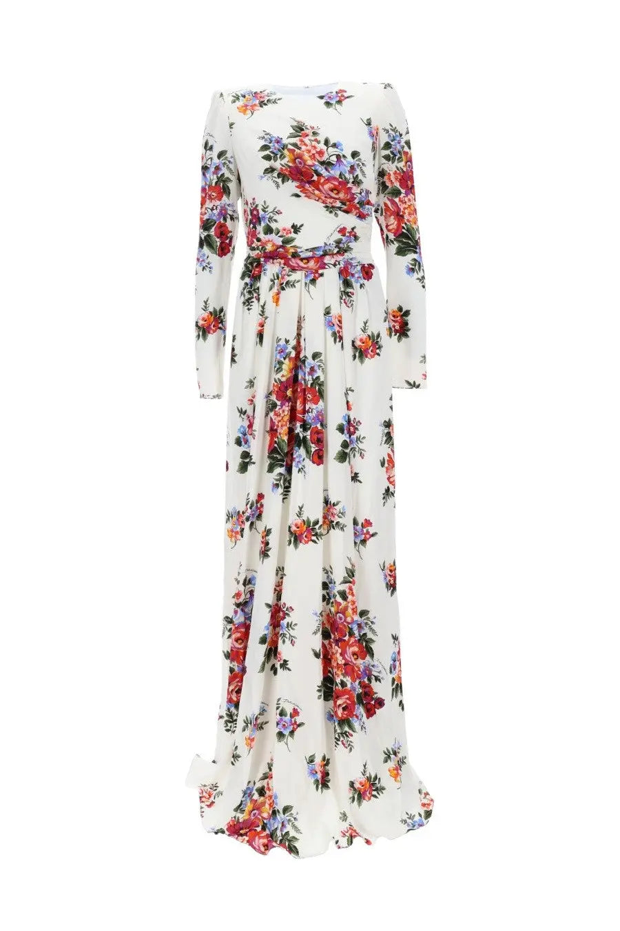 Dolce &amp; gabbana women’s long off-the-shoulder maxi dress in white fabric with vibrant floral pattern