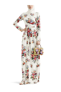 Dolce &amp; Gabbana women’s long cream floral-patterned maxi dress with fitted waist and flowing skirt in lightweight fabric