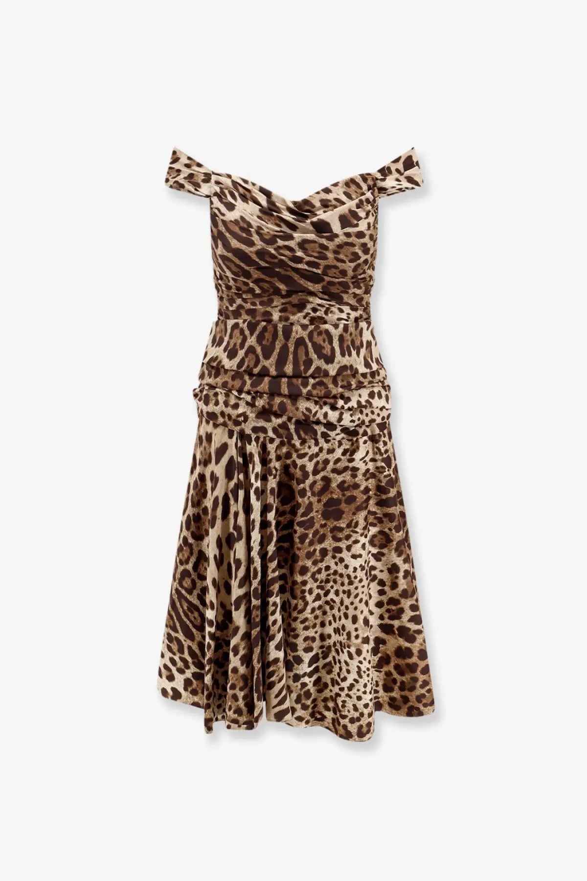 Beige and brown leopard print off the shoulder long silk dress with ruched waistband by Dolce and Gabbana