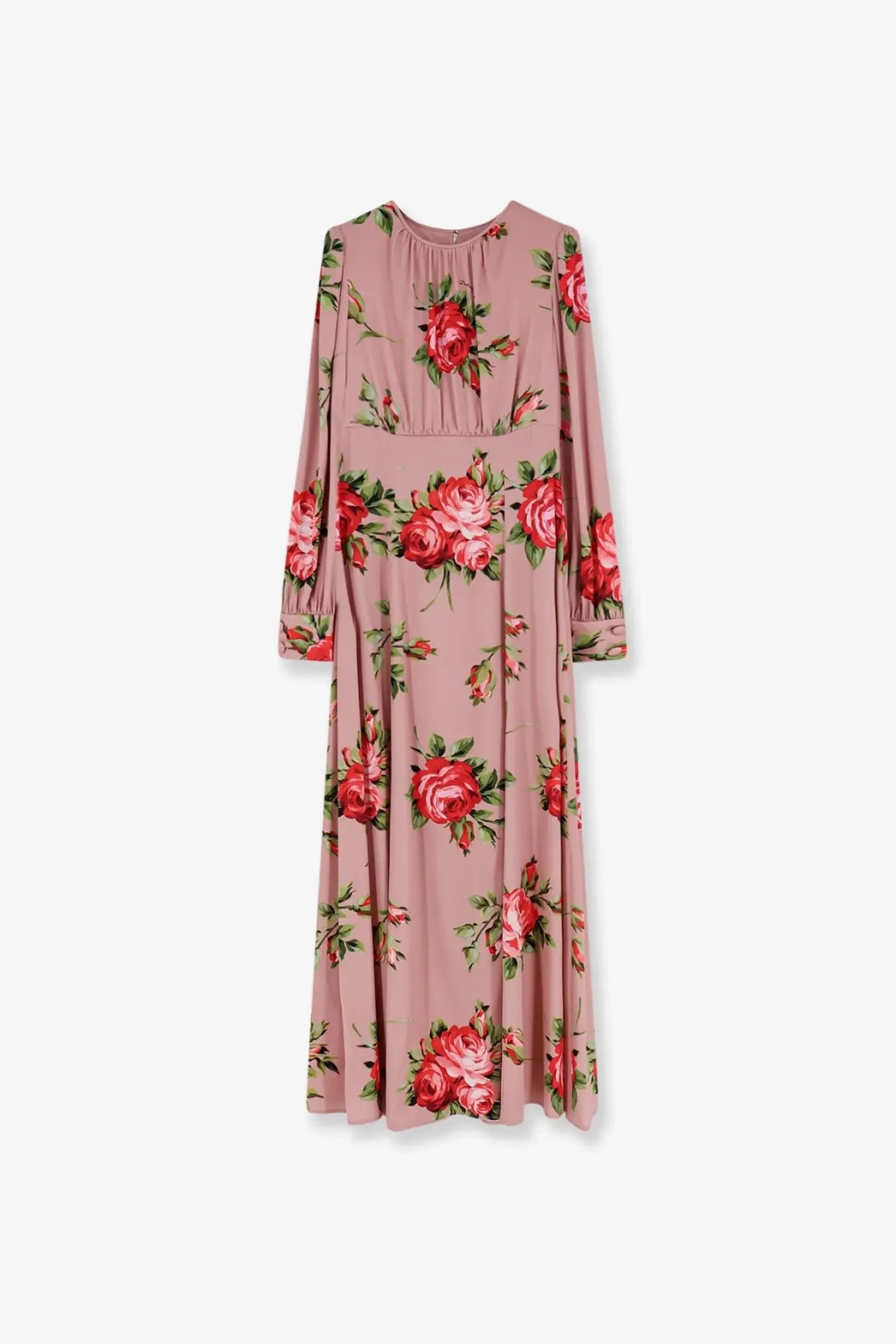 Dolce &amp; Gabbana women’s long silk dress in pink with flowing floral pattern long sleeves and gathered neckline