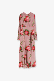 Dolce &amp; Gabbana women’s long silk pink maxi dress with long sleeves fitted waist and red rose floral pattern