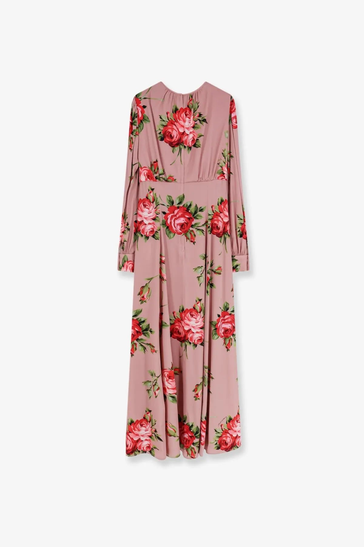 Dolce &amp; Gabbana women’s long silk dress in pink with flowing floral maxi design featuring red roses and green leaves