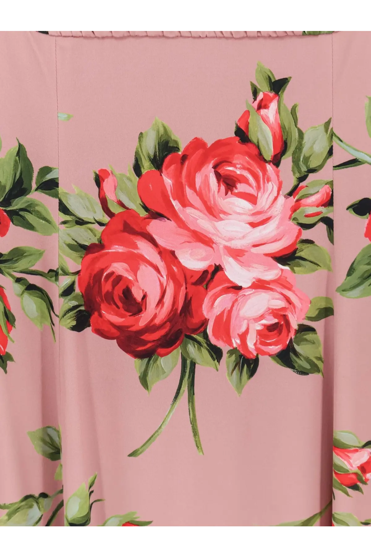 Dolce &amp; Gabbana women’s long pink silk dress with vibrant red and pink rose floral pattern and green leaves