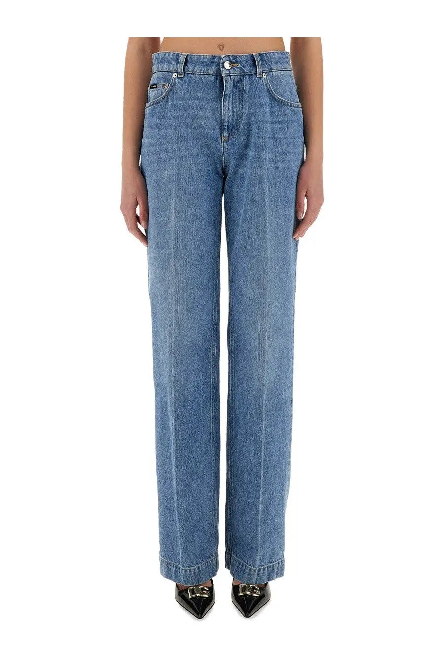 Dolce &amp; Gabbana women’s loose denim jeans in light-wash blue with straight-leg cut and classic five-pocket design