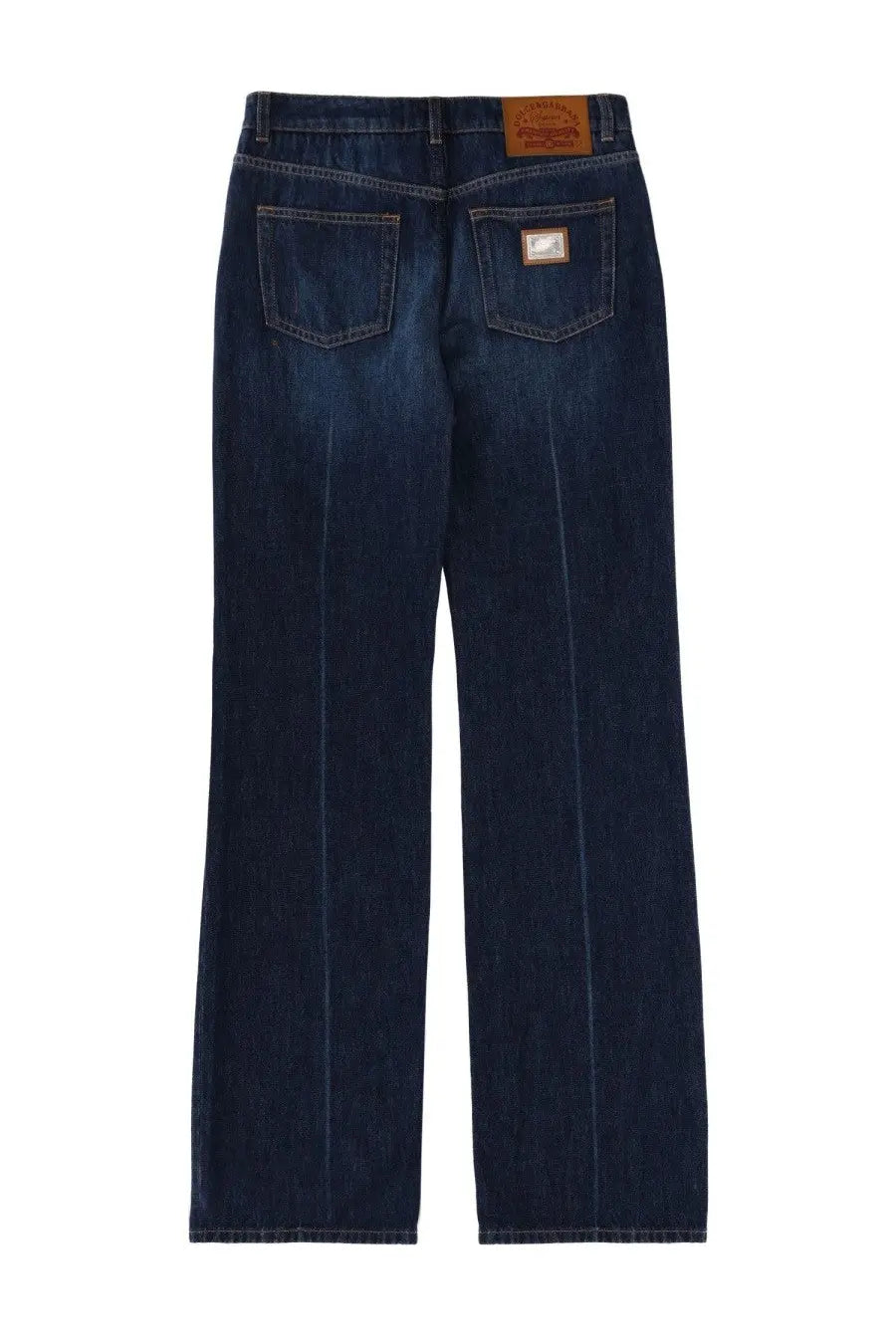 Dark indigo dolce &amp; gabbana womens low rise denim jeans with straight leg cut and brown leather brand patches on back