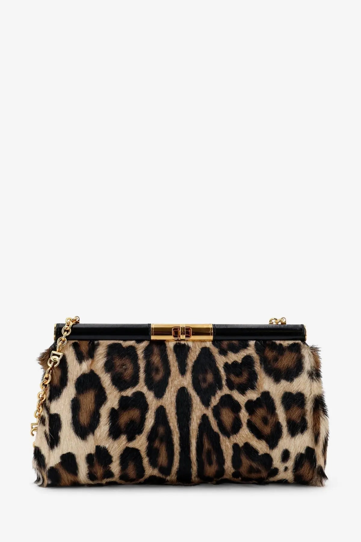 Dolce &amp; Gabbana women’s Marlene shoulder bag in leopard print pony skin with black leather top and gold-tone hardware
