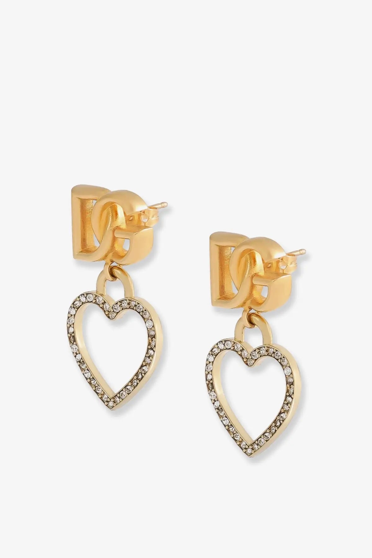 Dolce &amp; Gabbana women’s gold-tone heart-shaped dangle earrings with rhinestone outline and interlocking dg logo