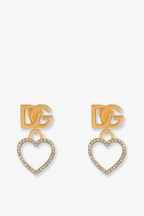 Dolce &amp; Gabbana women’s gold-tone heart-shaped dangle earrings with rhinestone outline and interlocking dg logo