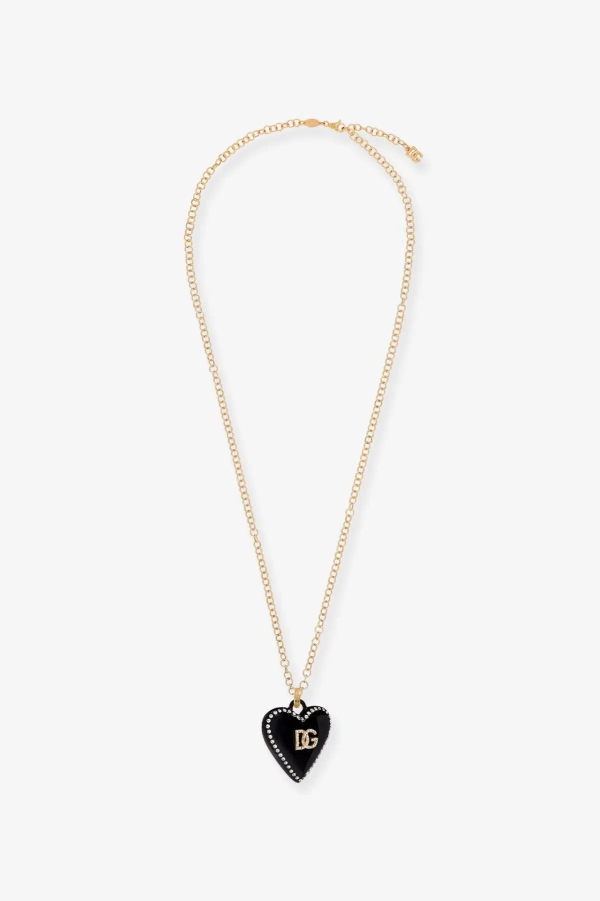 Dolce &amp; Gabbana women’s gold metal necklace with black heart pendant and dg logo on gold-tone chain