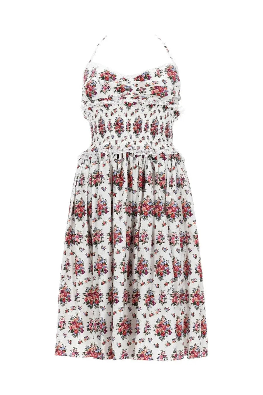 Dolce &amp; Gabbana women’s multicolor midi dress with white floral print halter neckline and ruffled straps