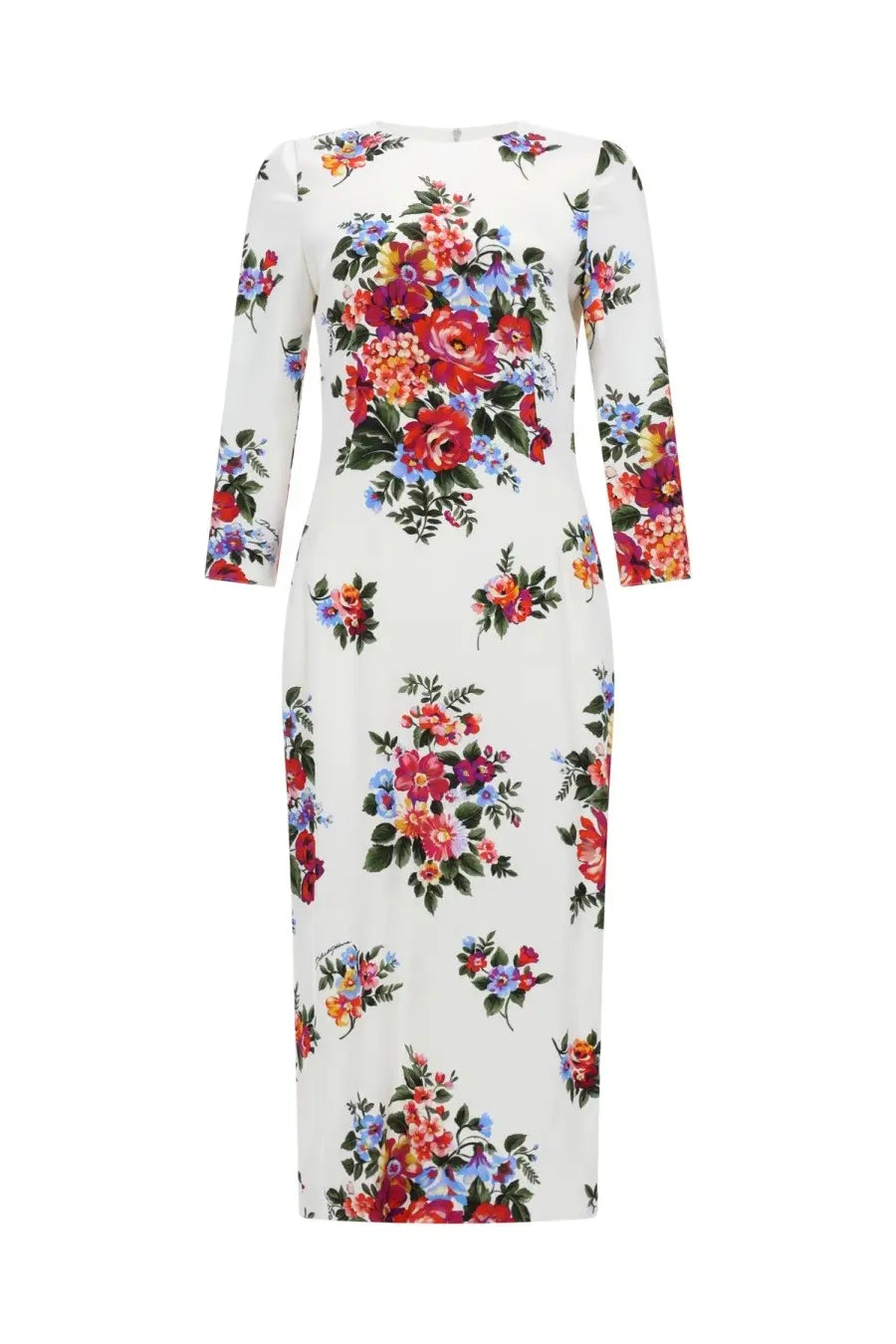 Dolce &amp; Gabbana women’s white floral print midi dress with three-quarter sleeves and fitted silhouette