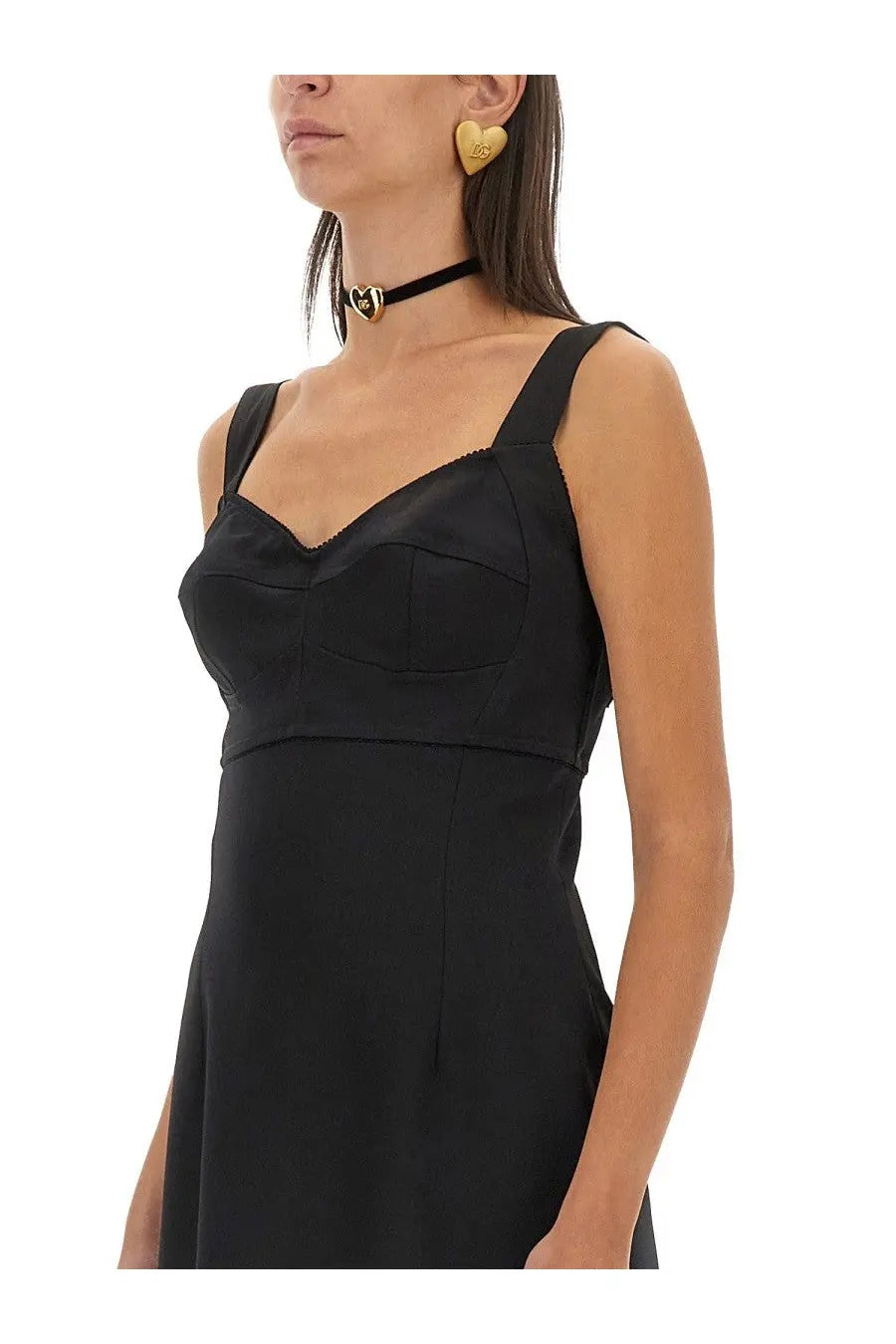 Dolce &amp; Gabbana women’s black satin mini dress with strapless sweetheart neckline and structured bodice