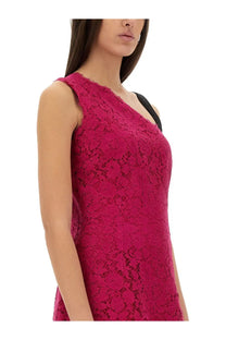 Dolce &amp; Gabbana women’s mini dress pink vibrant fuchsia lace sleeveless with one-shoulder design and black underarm straps