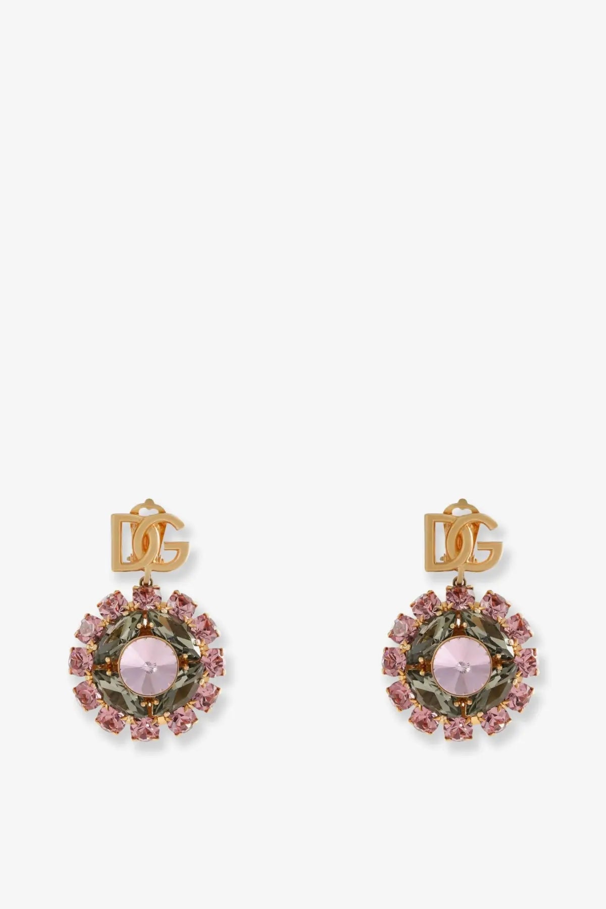 Dolce &amp; Gabbana women’s gold-tone brass earrings with pink crystal center and rose quartz and green crystal halo