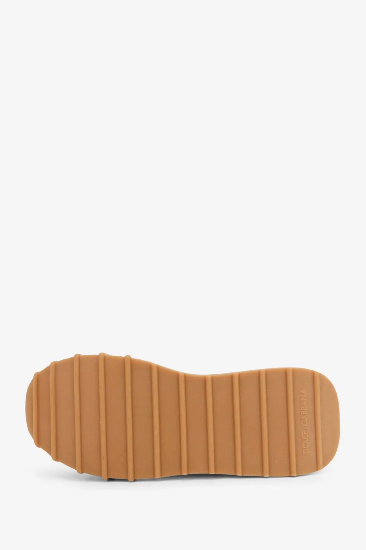 Back view of dolce and gabbana women’s white nylon and suede sneakers with tan rubber sole and vertical ridges