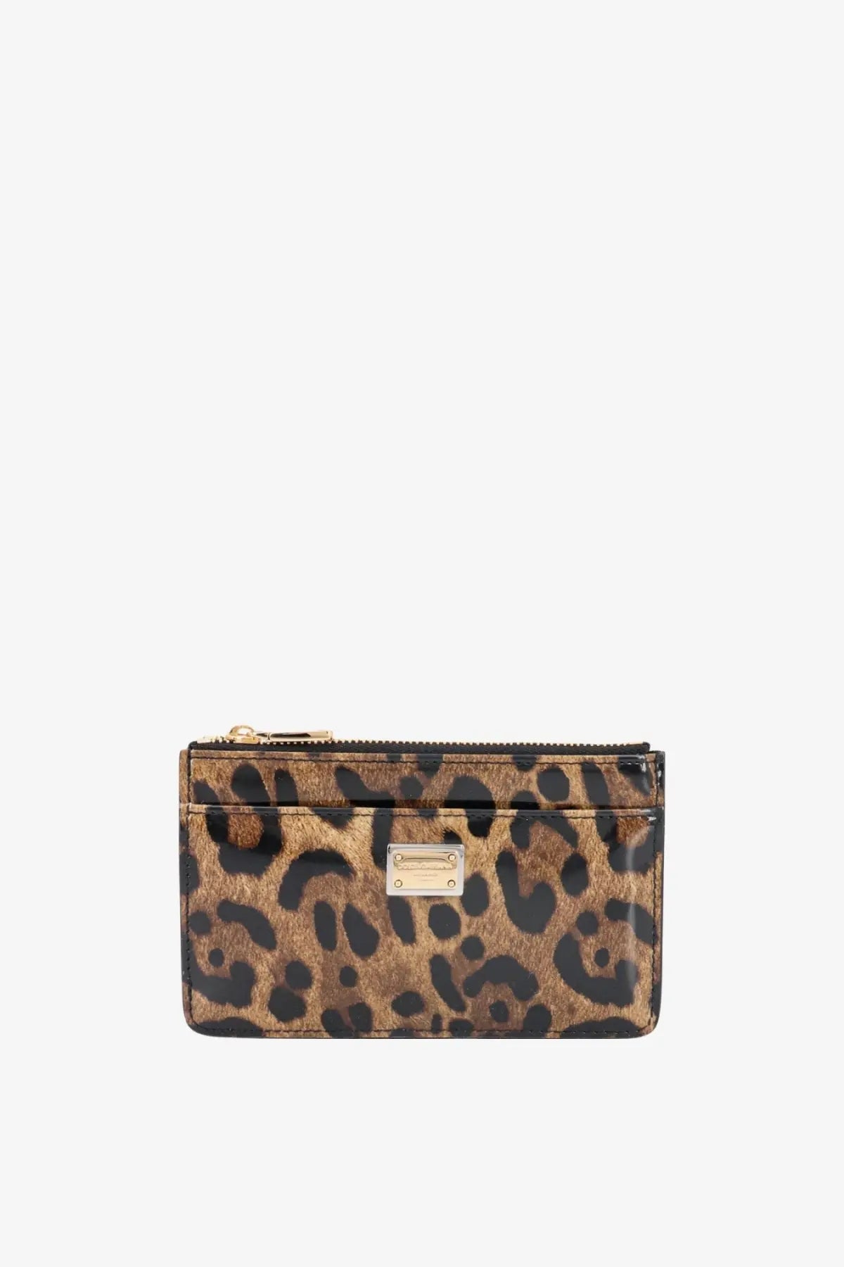 Dolce and Gabbana women’s patent leather card holder with zip and glossy brown and black leopard print pattern