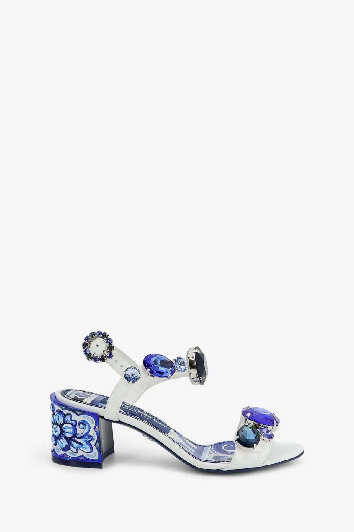 Dolce &amp; Gabbana women’s patent leather white sandal with blue and white ceramic heel and purple blue gemstones