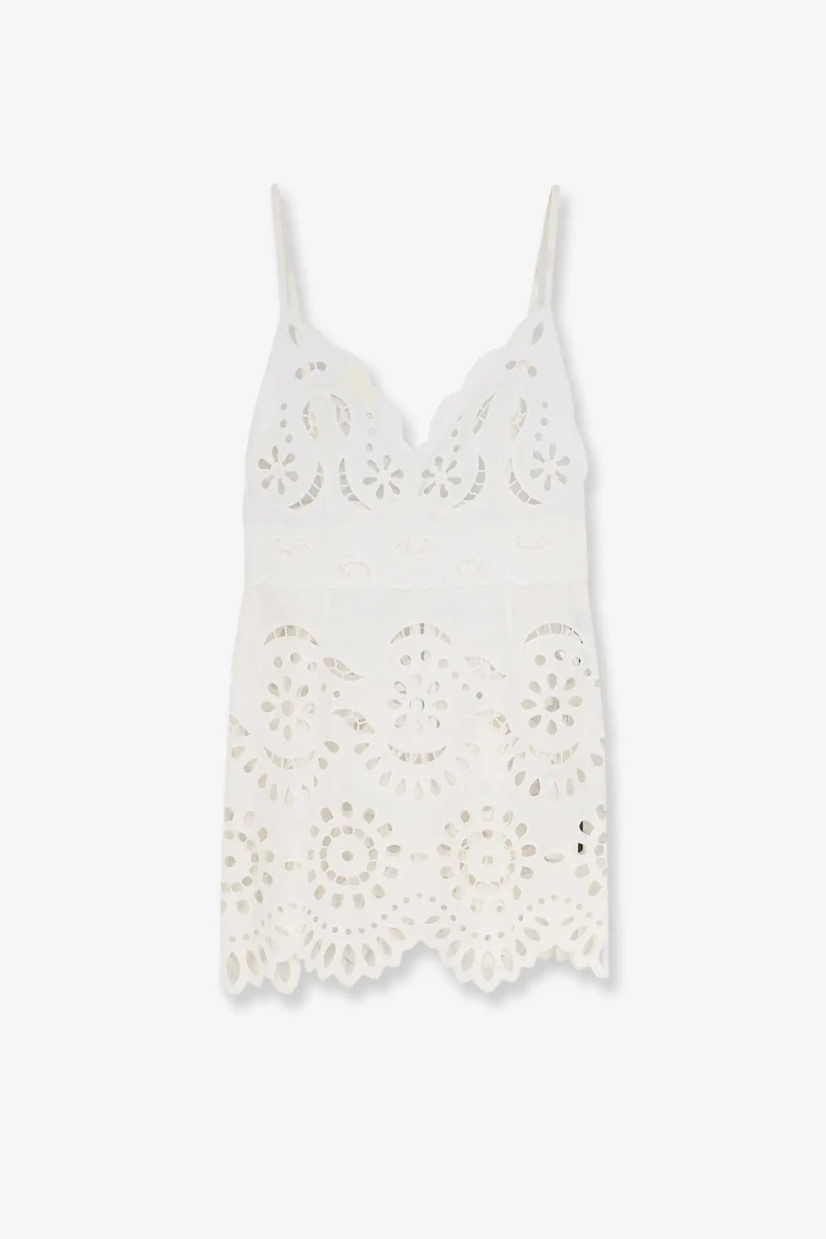 Dolce &amp; Gabbana women’s white poplin mini dress with a white lace camisole featuring floral cutout patterns and thin straps