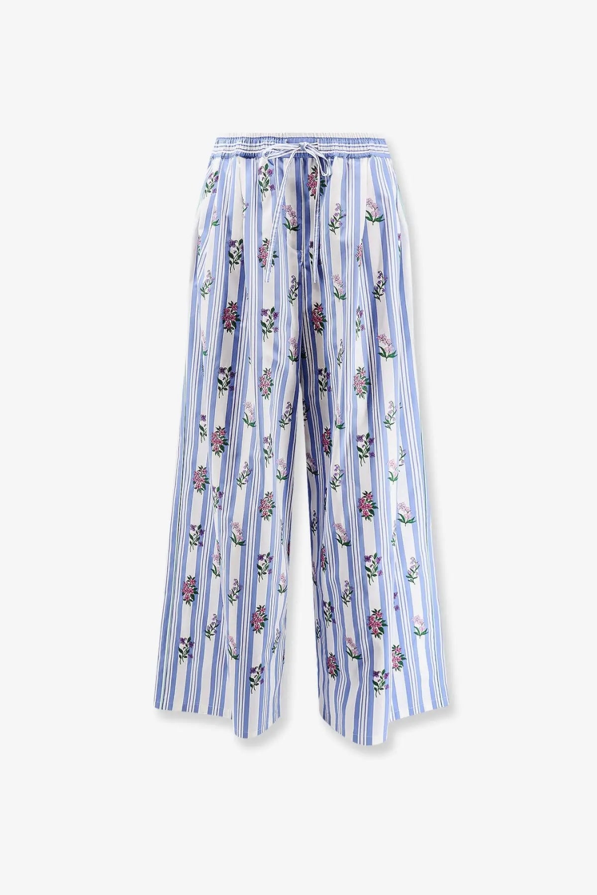 Dolce &amp; gabbana women’s poplin wide-leg trousers in blue and white stripes with pink purple and green floral pattern