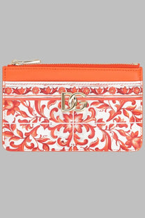 Dolce &amp; Gabbana women’s vibrant orange and white floral zippered card case with metallic logo clasp in vitello stampa maiolica