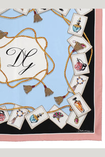 Dolce &amp; Gabbana women’s light blue silk scarf with white medallion black dg monogram gold rope tassels perfume bottles