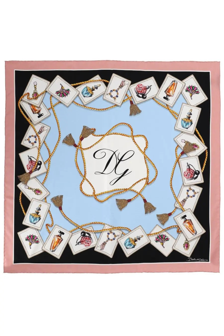 Dolce &amp; Gabbana women’s multicolor printed silk scarf with pink border blue center and gold rope tassel perfume bottle design