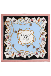 Dolce &amp; Gabbana women’s multicolor printed silk scarf with pink border blue center and gold rope tassel perfume bottle design