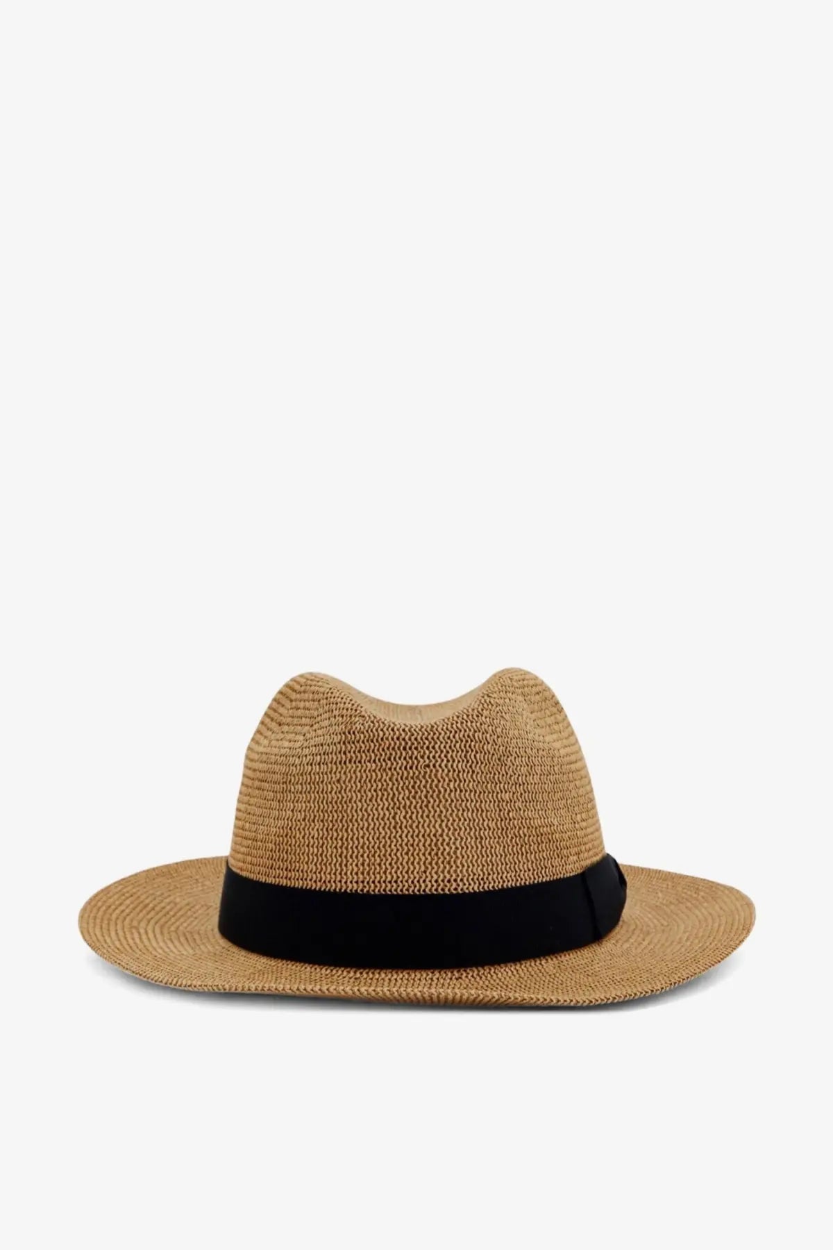 Beige woven raffia fedora hat with black satin band by Dolce and Gabbana for women