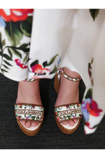 Dolce &amp; Gabbana women’s raffia sandals white with floral-print espadrille wedge, woven jute soles, and brown leather straps
