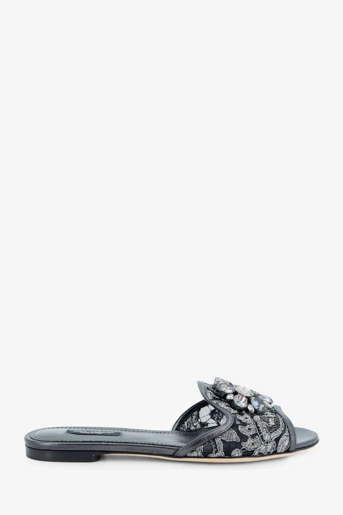 Dolce and gabbana women’s blue lace slide sandal with black floral crystal and pearl embellishment