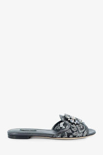 Dolce and gabbana women’s blue lace slide sandal with black floral crystal and pearl embellishment