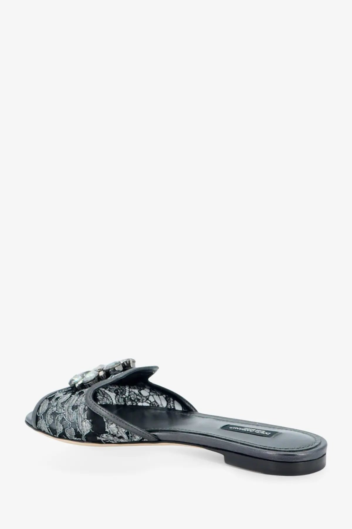 Dolce &amp; gabbana women’s blue lace slide sandal with decorative embellishment on the toe