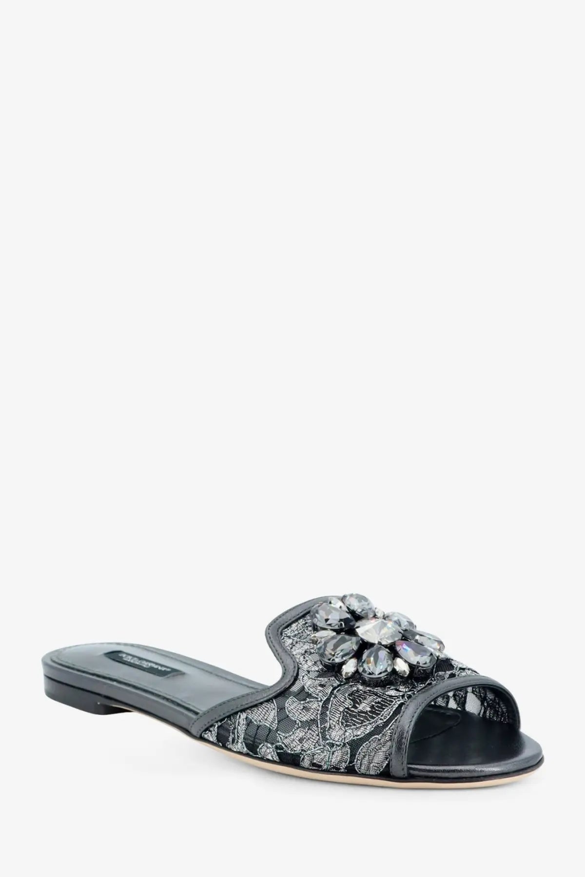 Dolce &amp; Gabbana women’s black lace slide sandal with sparkling crystal flower embellishment