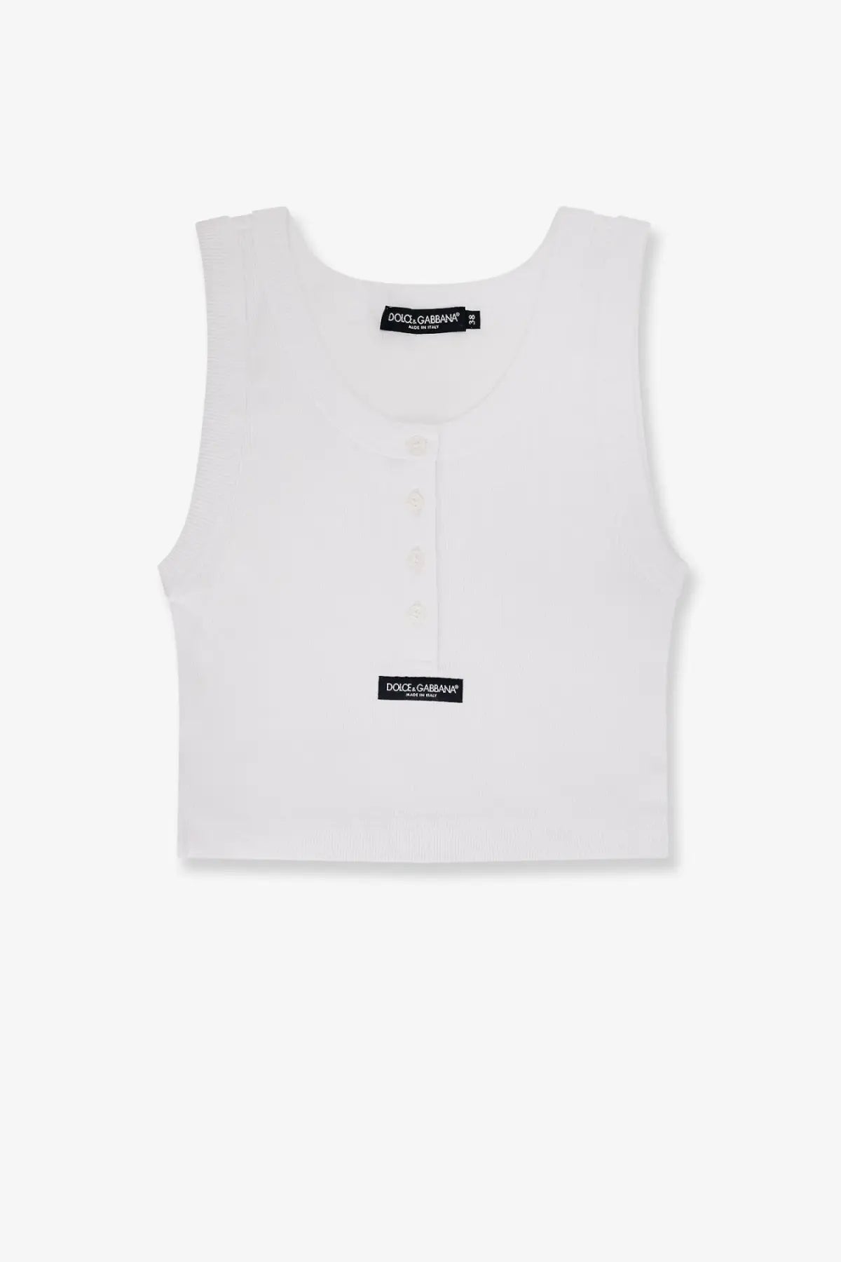 Dolce &amp; Gabbana women’s white ribbed cotton sleeveless cropped top with button-front design and black brand labels