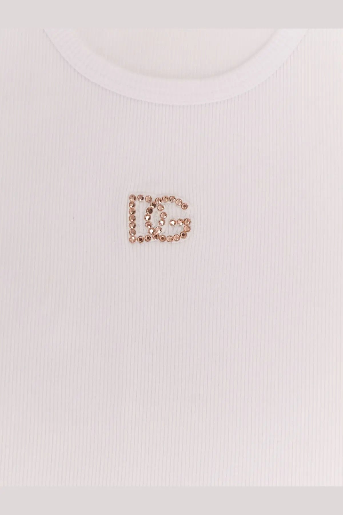 Dolce &amp; gabbana women’s white ribbed cotton top with rose gold rhinestone embellished dg logo on center front