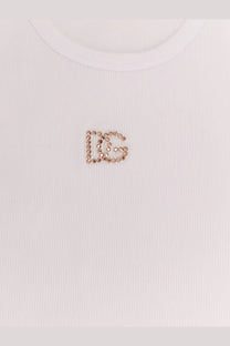 Dolce &amp; gabbana women’s white ribbed cotton top with rose gold rhinestone embellished dg logo on center front