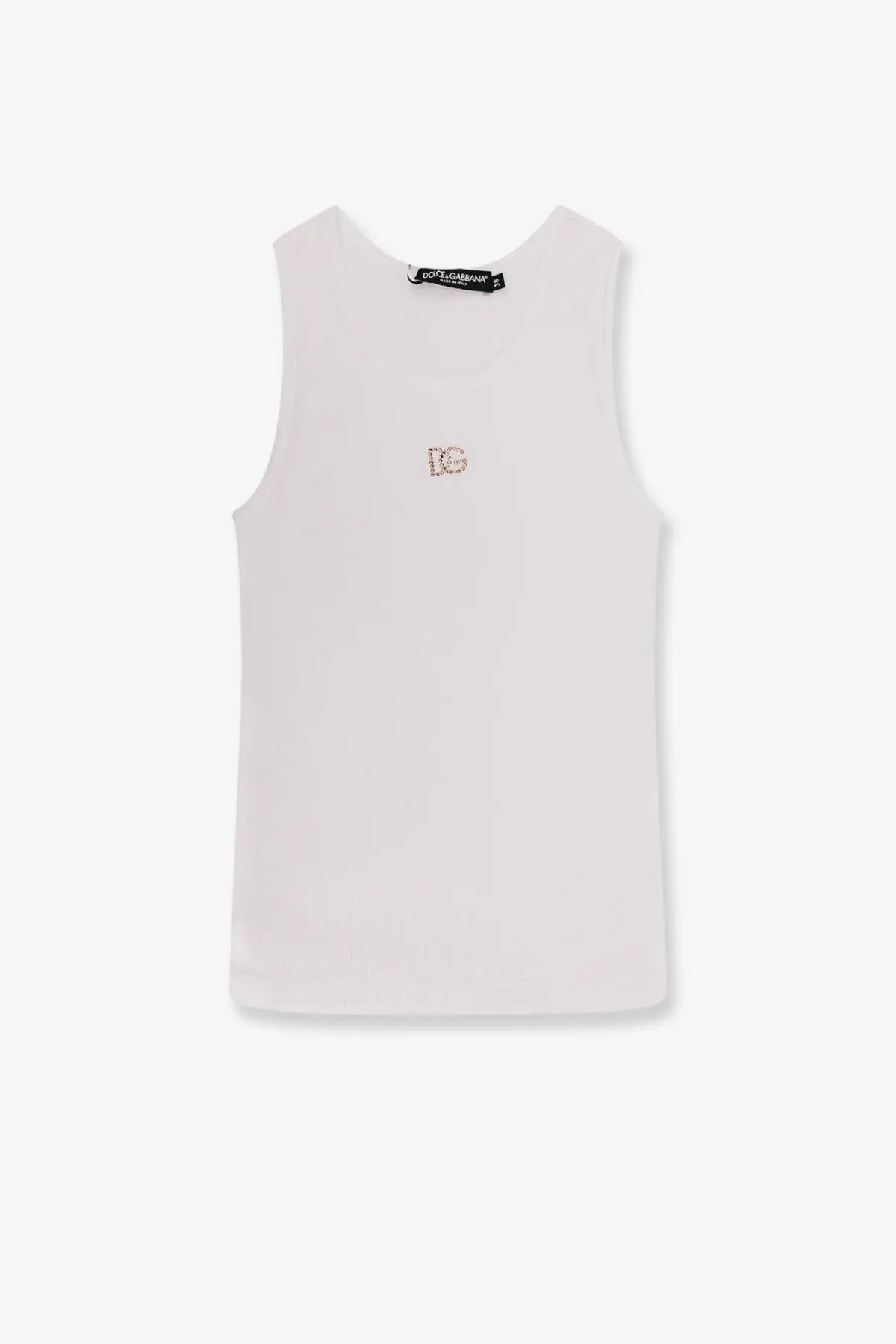 Dolce &amp; Gabbana women’s white ribbed cotton sleeveless top with subtle embroidered logo and branded neckline tag