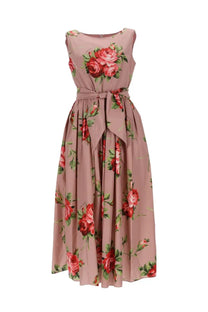 Dolce &amp; Gabbana women’s dusty rose sleeveless midi dress with red and green floral print and tied waistband