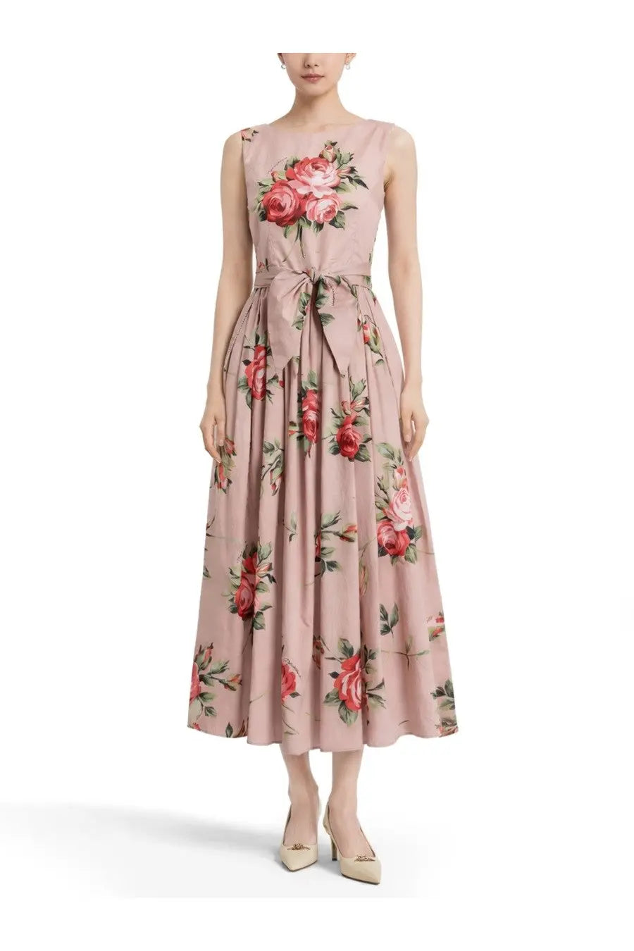 Dolce &amp; Gabbana women’s sleeveless knee-length pink dress with red rose print and fitted waist tie