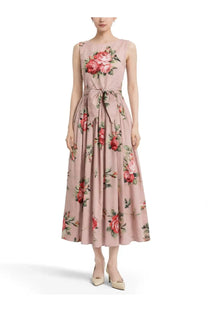 Dolce &amp; Gabbana women’s sleeveless knee-length pink dress with red rose print and fitted waist tie