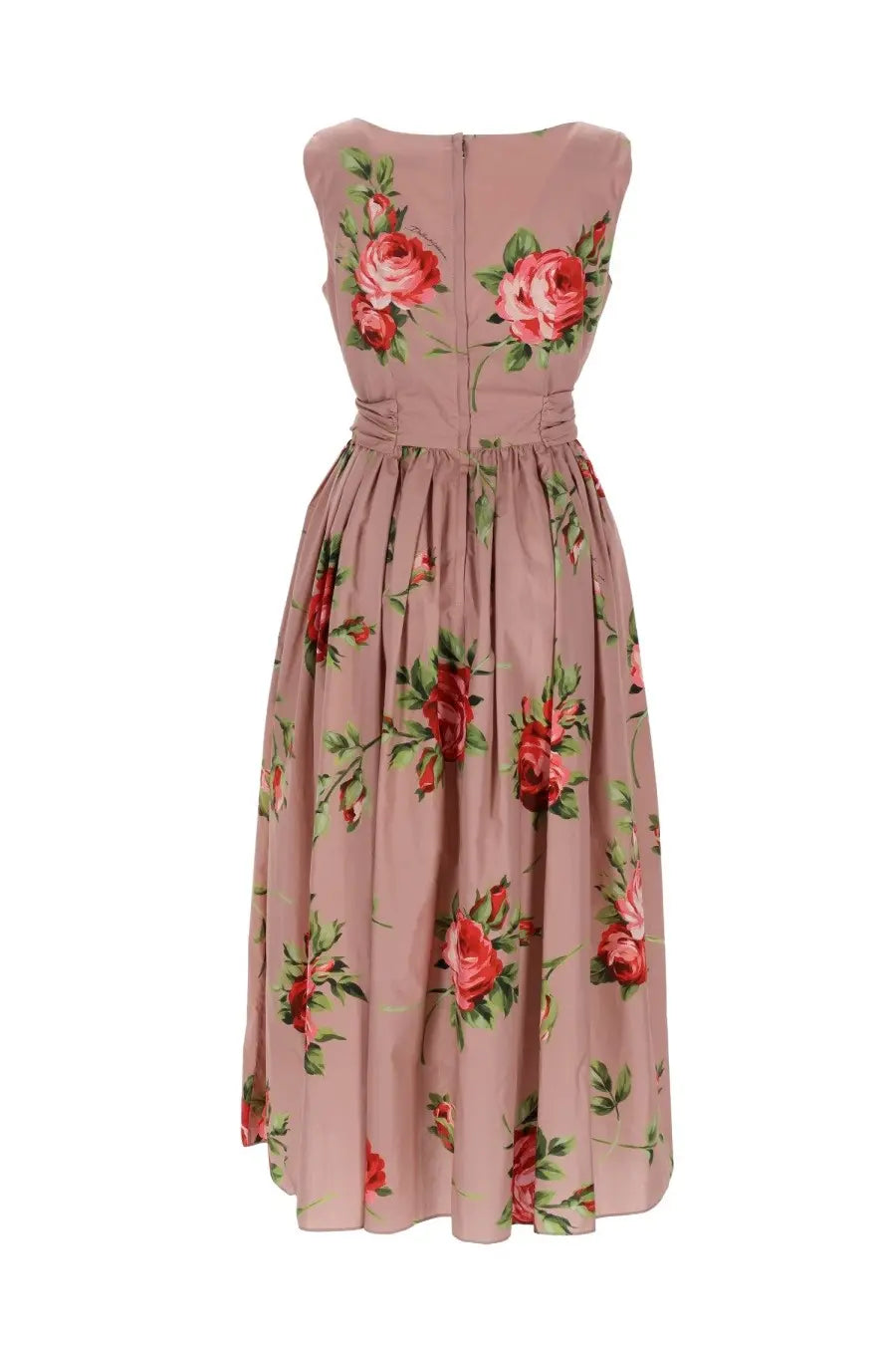 Dolce &amp; gabbana women’s rose bouquet print midi dress in soft rose pink with vibrant red roses and green leaves