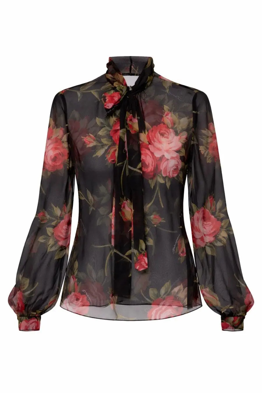 Dolce and Gabbana women’s black sheer blouse with pink rose floral pattern long sleeves and tied neck detail
