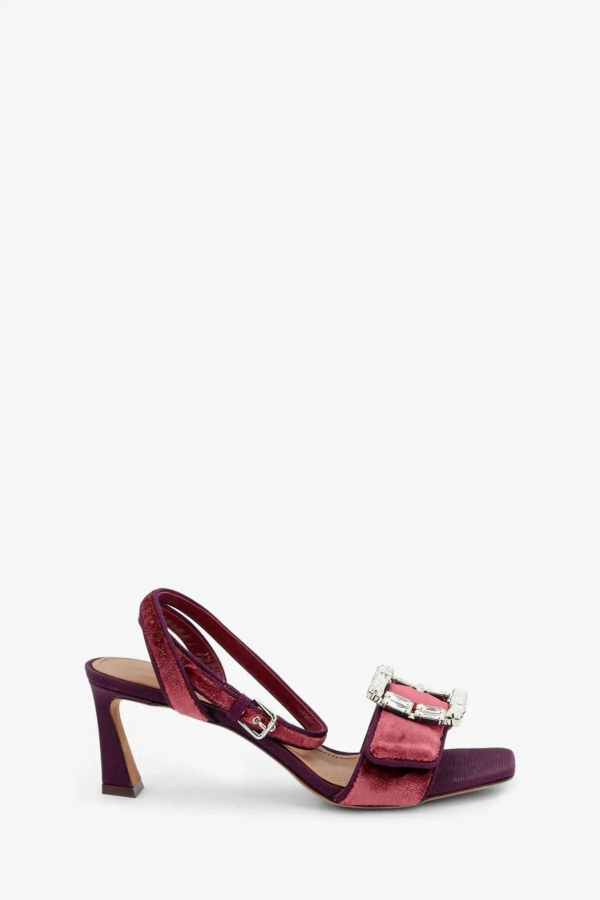 Dolce &amp; Gabbana women’s burgundy velvet sandal with metallic heel and decorative silver buckle accent