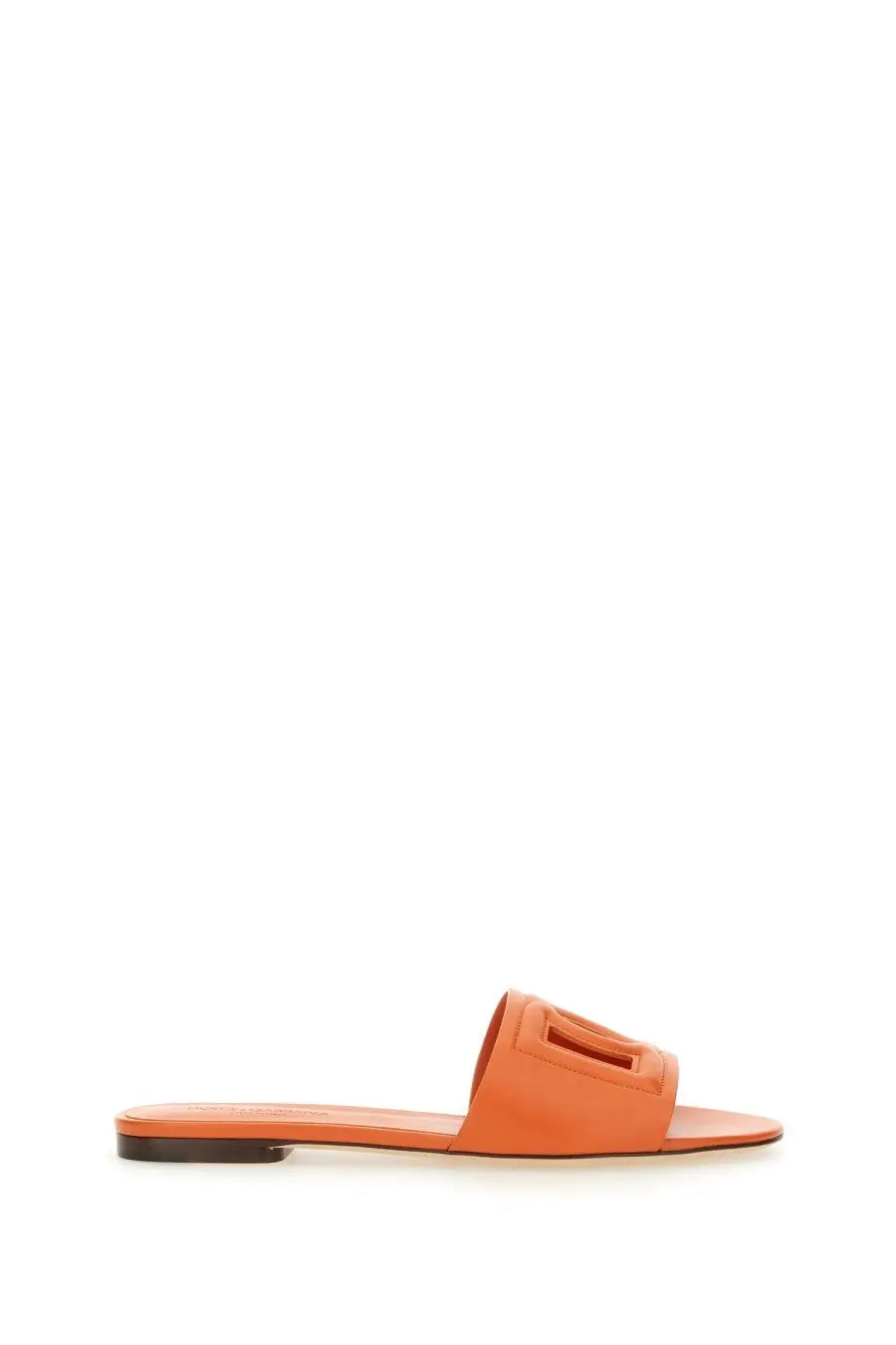 Dolce &amp; Gabbana women’s orange leather slide sandal with rectangular cutout detail on the strap