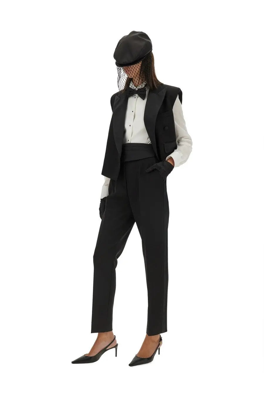 Dolce &amp; Gabbana women’s black satin cummerbund with tailored vest design featuring notched lapels and structured silhouette