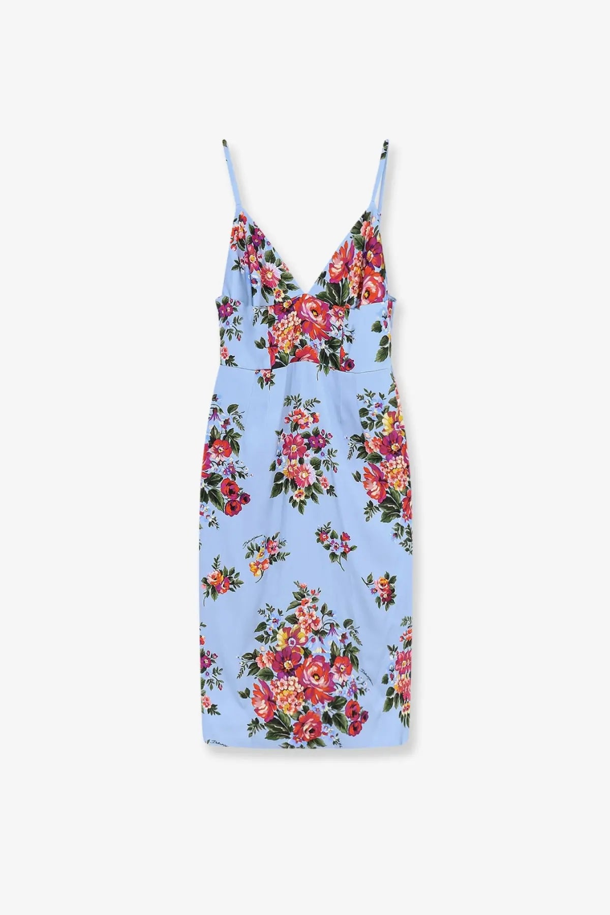 Dolce &amp; Gabbana women’s satin dress blue with light blue floral print and vibrant pink orange green blossoms