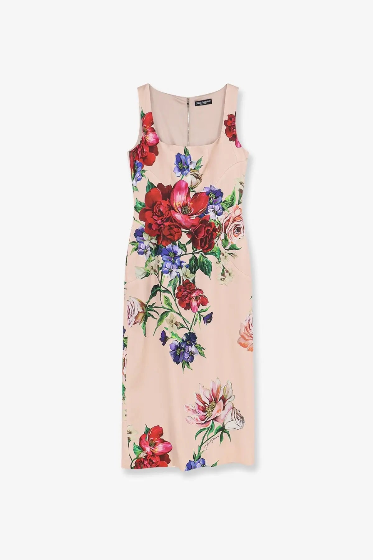 Dolce &amp; Gabbana women’s satin longuette dress in soft peach with vibrant red pink and purple floral print on flowing fabric