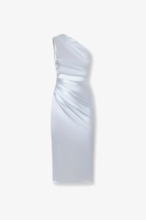 Dolce &amp; Gabbana women’s grey satin midi dress with a sleek one-shoulder design and draped bodice silhouette