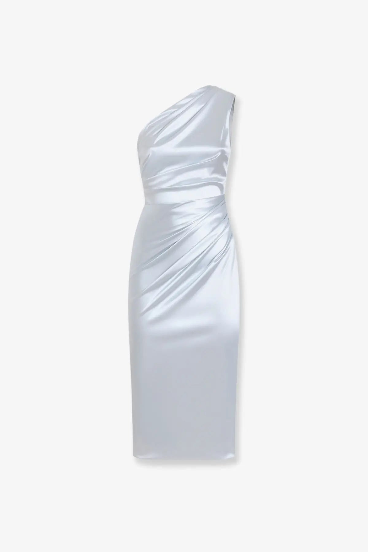 Dolce &amp; Gabbana women’s sleek one-shoulder silver satin midi dress with fitted silhouette and draped detailing