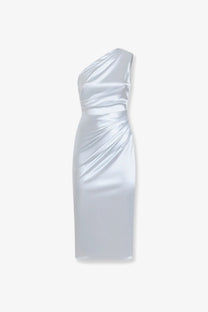 Dolce &amp; Gabbana women’s sleek one-shoulder silver satin midi dress with fitted silhouette and draped detailing